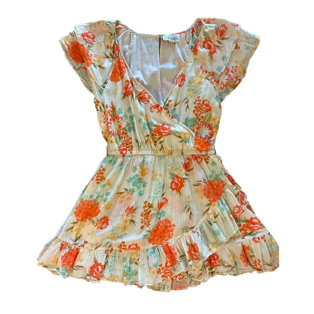 Boho Cleobella Seely Floral Faux Wrap Mini Dress Spring Orange/Cream